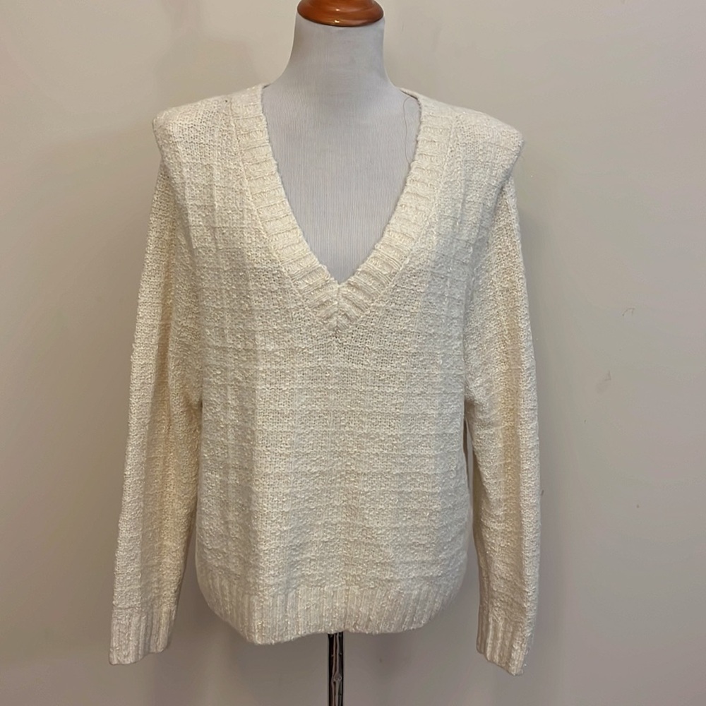 Evereve New Ashlyn Strong Shoulder Pullover Deep V Neck Sweater Size Large
